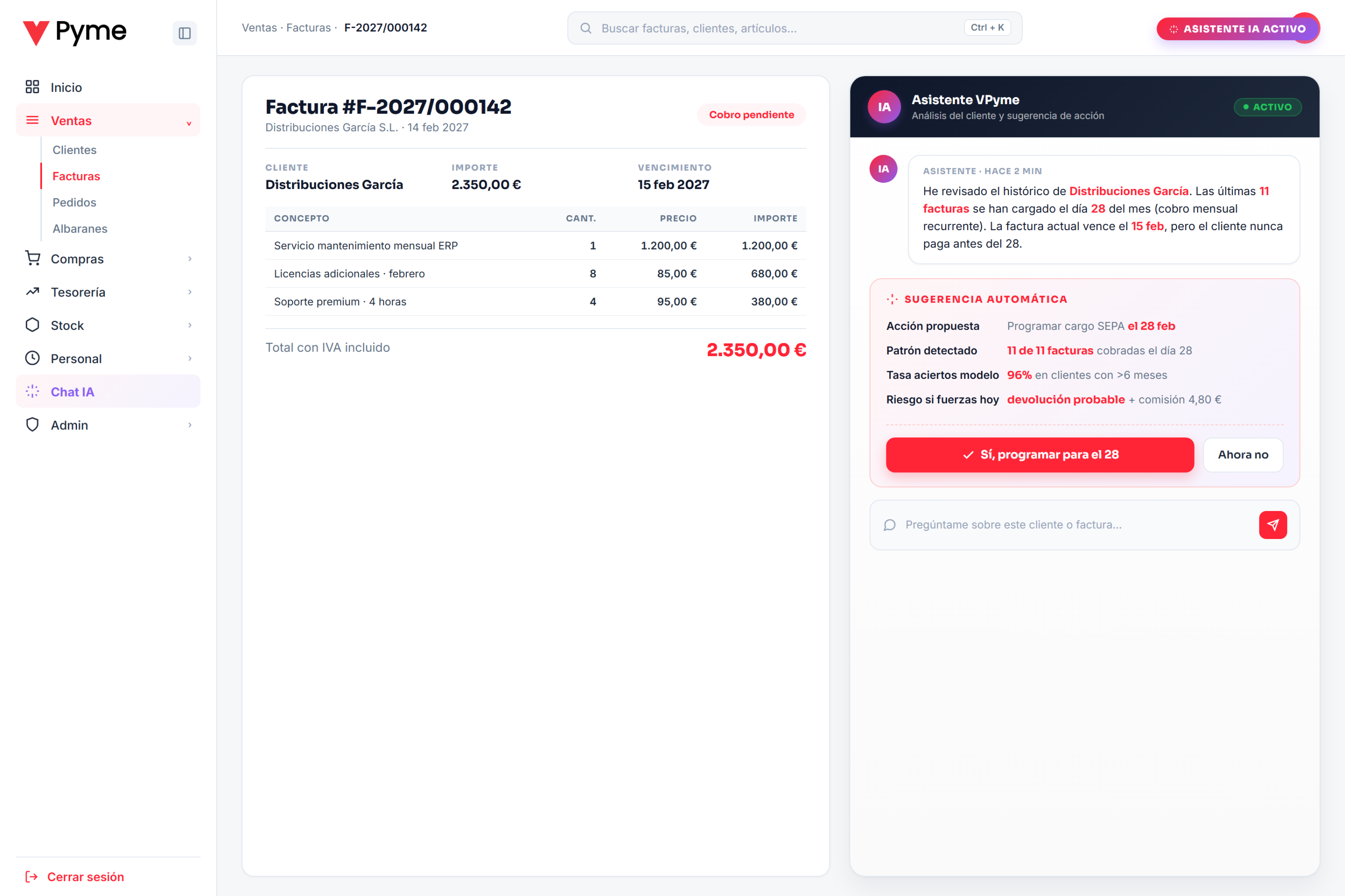 Asistente de IA integrado en VPyme analizando un cliente y sugiriendo cuándo programar el cobro