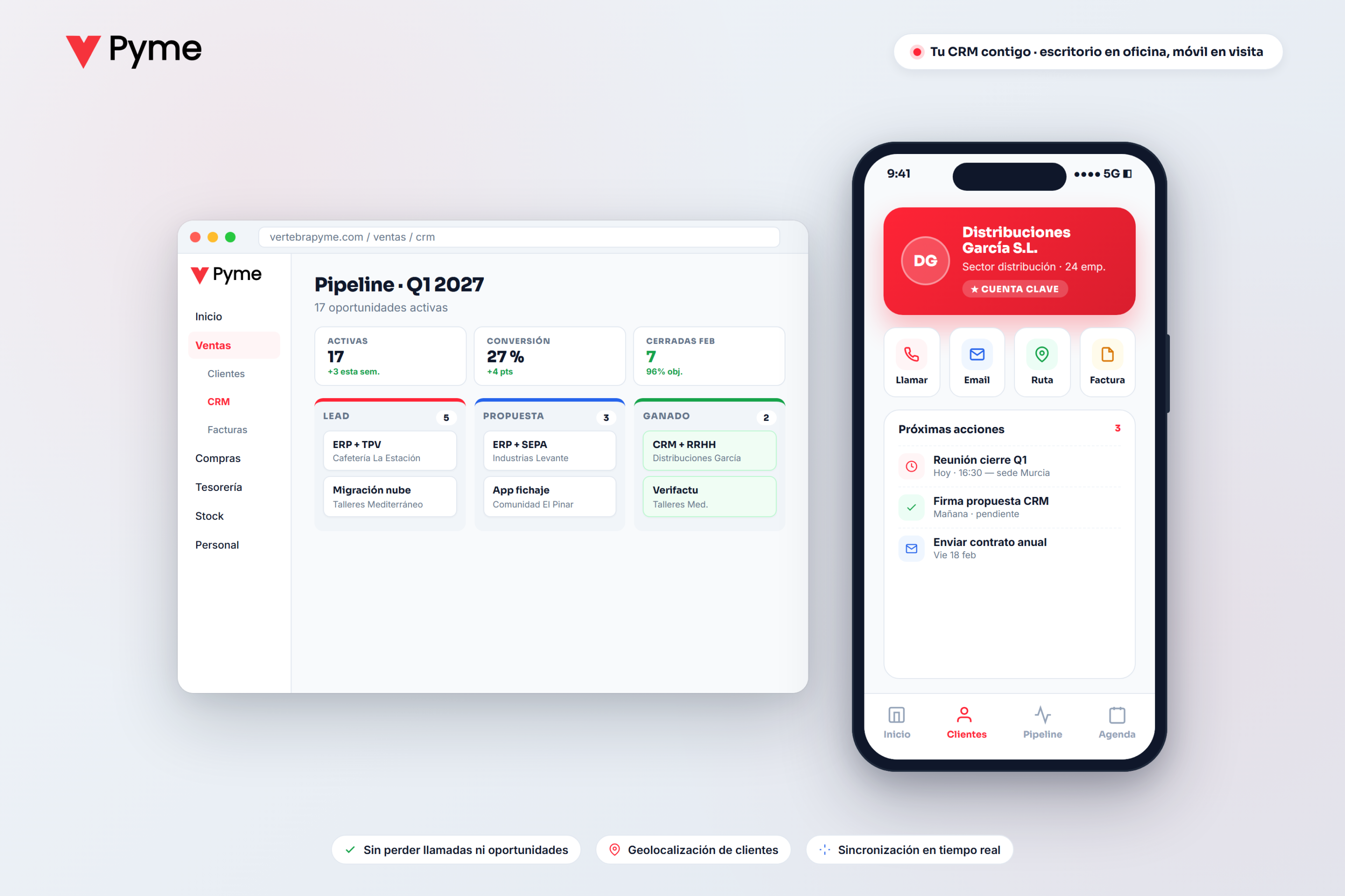 CRM VPyme multidispositivo con pipeline en escritorio y ficha de cliente con acciones rápidas en móvil
