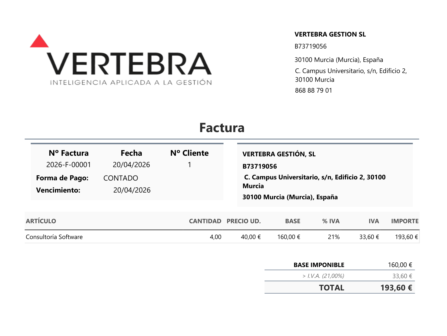 Factura de Vertebra Gestión siendo analizada por OCR con IA