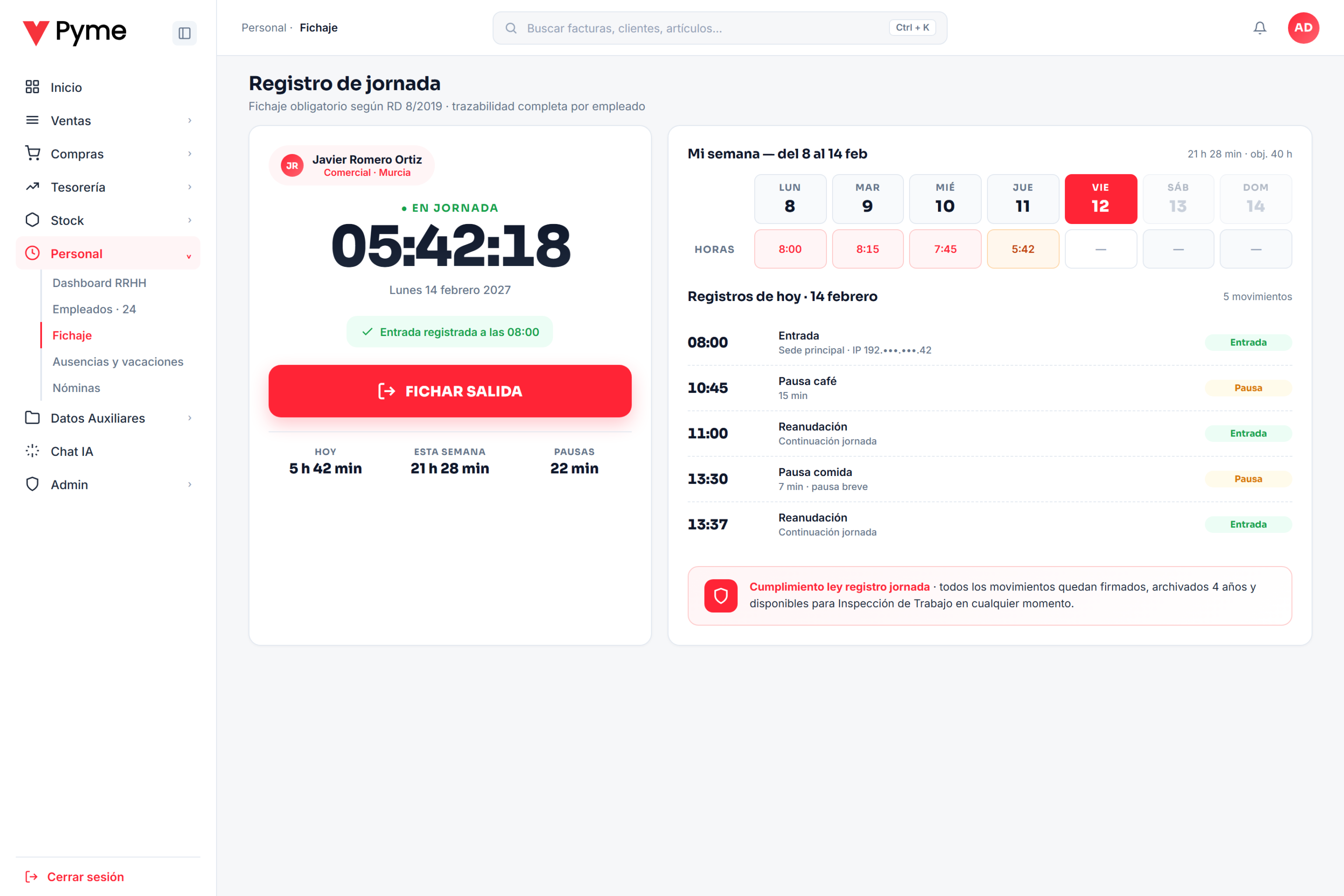 OCR registro jornada subcontratas: pantalla del software de fichaje VPyme para plantilla propia
