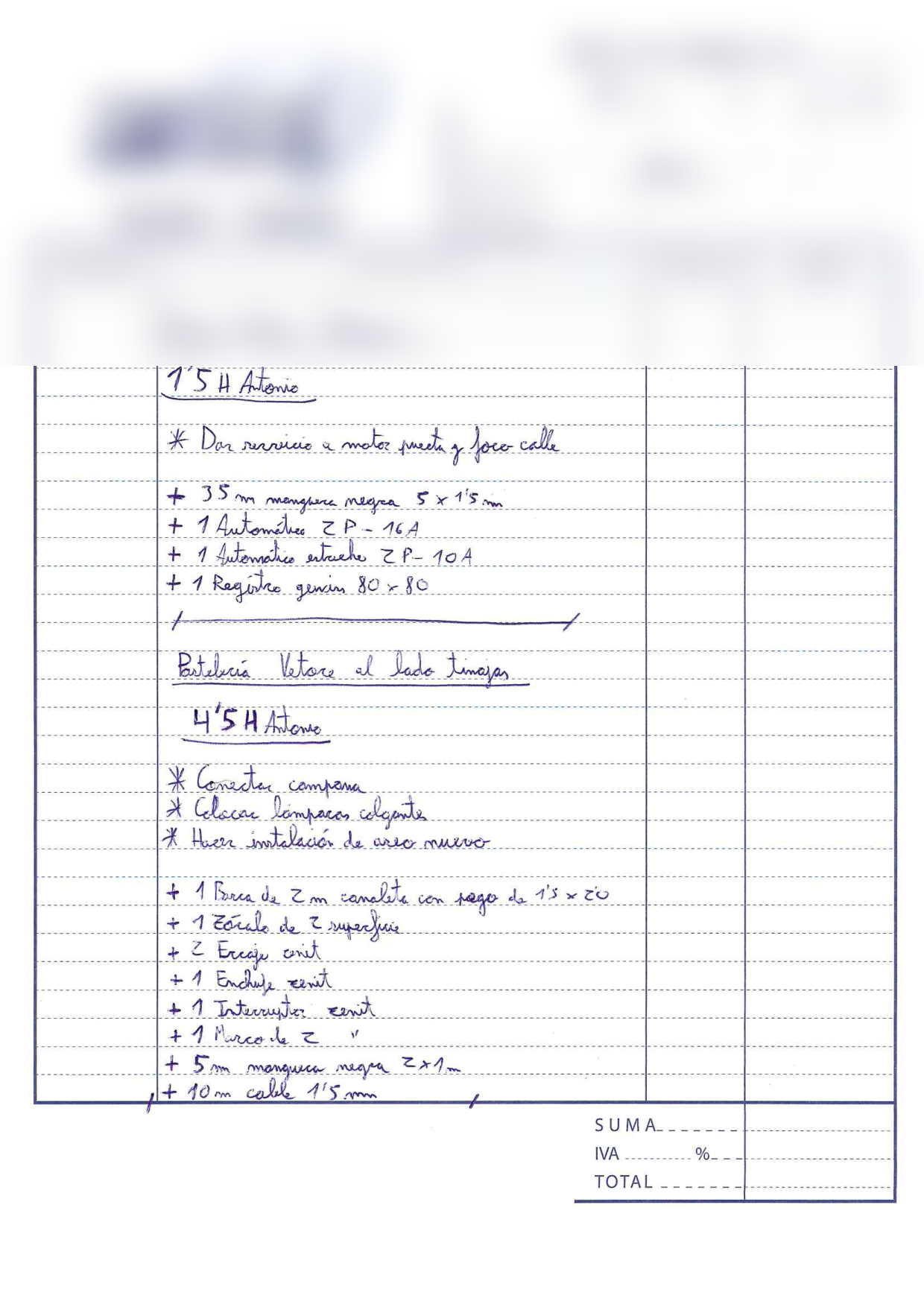 Parte de trabajo manuscrito de fontanería procesado con OCR