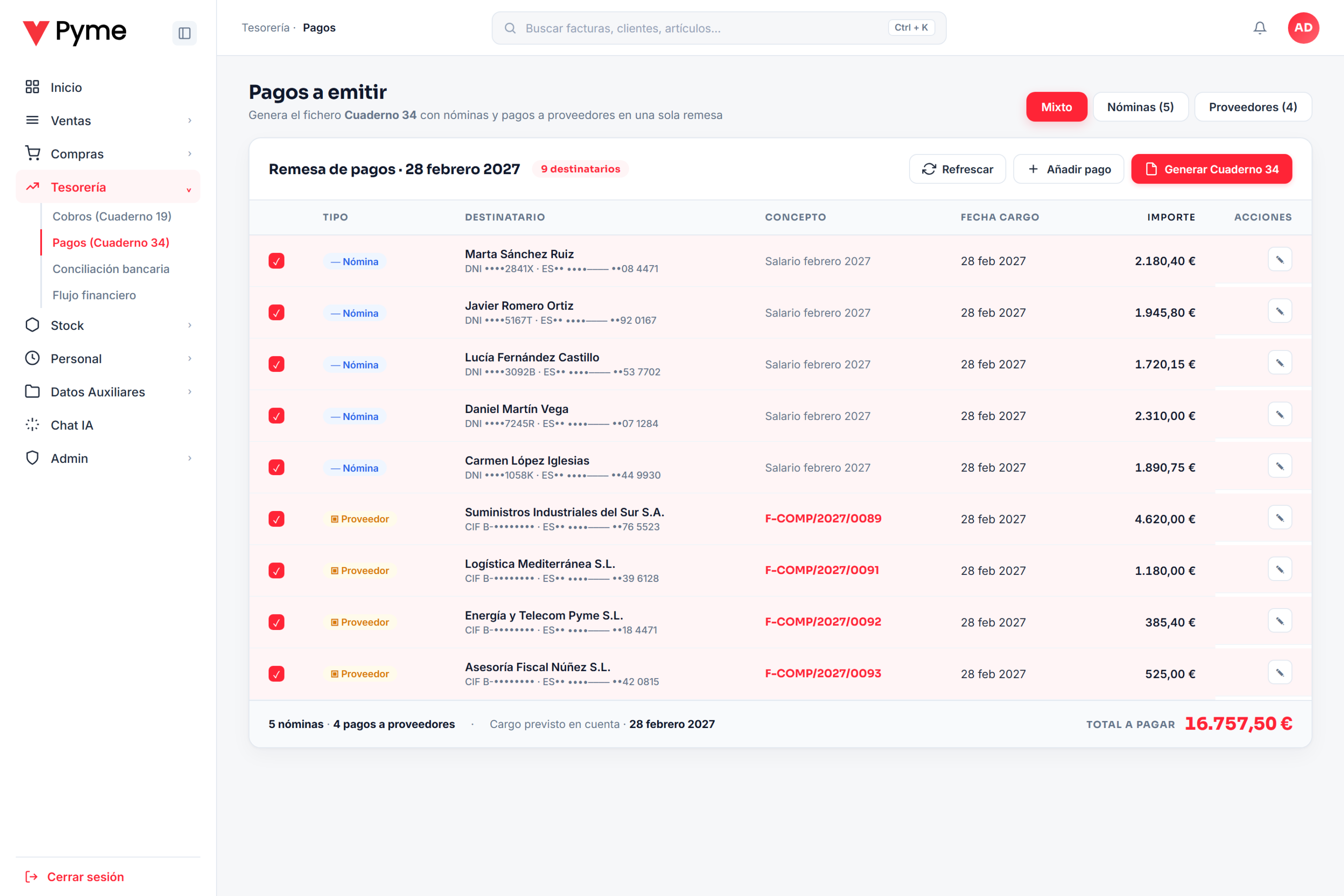 Pantalla del software para generar remesa Cuaderno 34 con tabs nóminas y proveedores