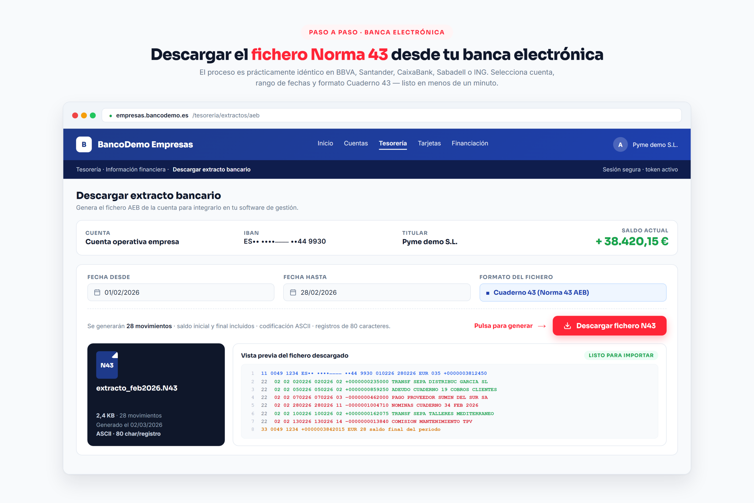 Pantalla de banca electronica con formulario para descargar el fichero Norma 43 AEB de febrero 2026 y previsualizacion del fichero N43 generado