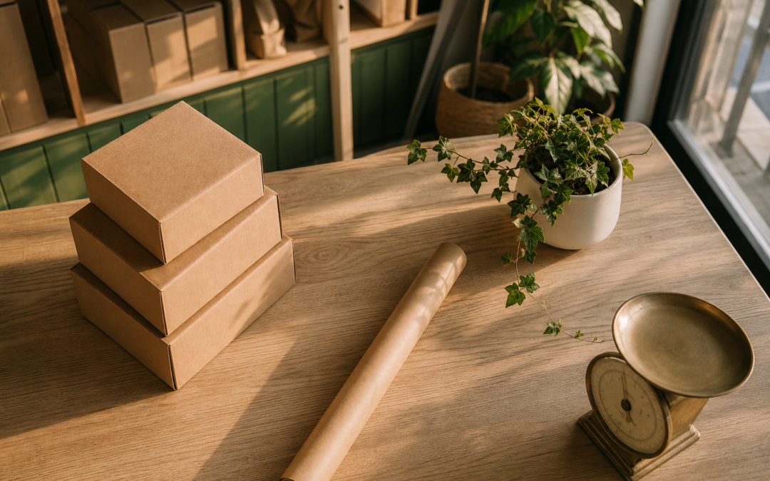 descripciones de productos con IA - escena de almacén ecommerce minimalista con cajas sin etiquetar