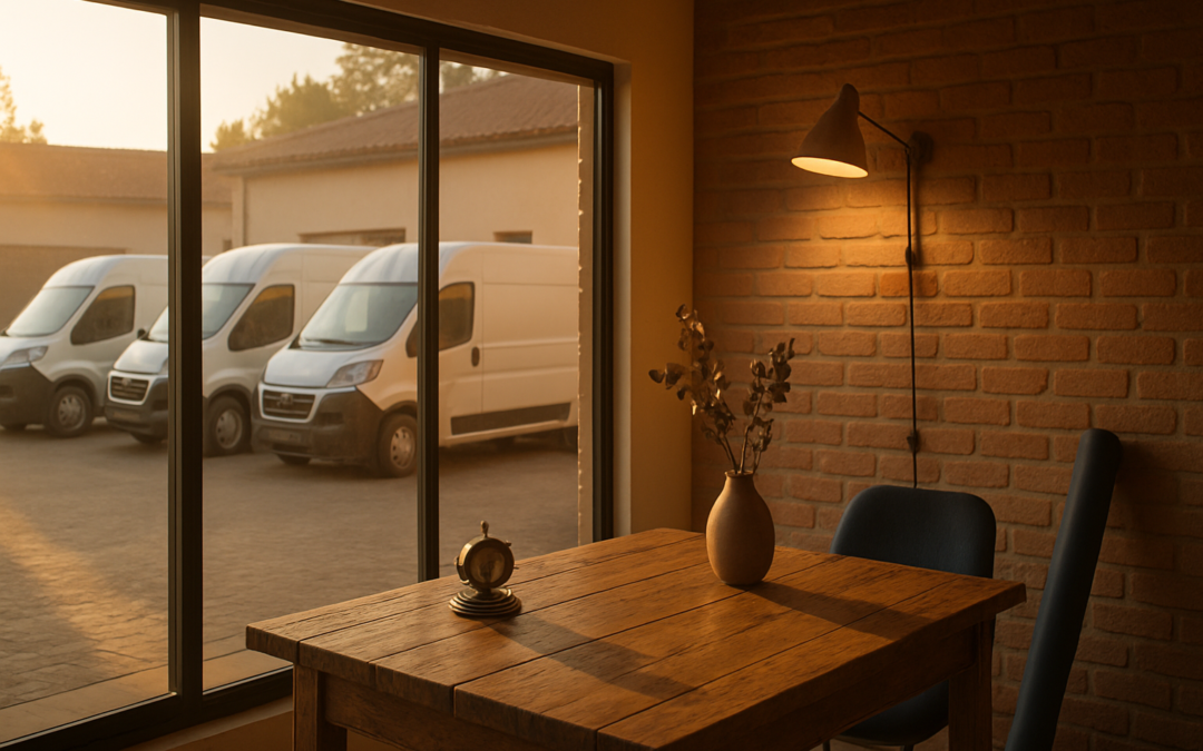 ERP para empresas de transporte - oficina logistica de pyme española al amanecer con tres furgonetas en patio interior