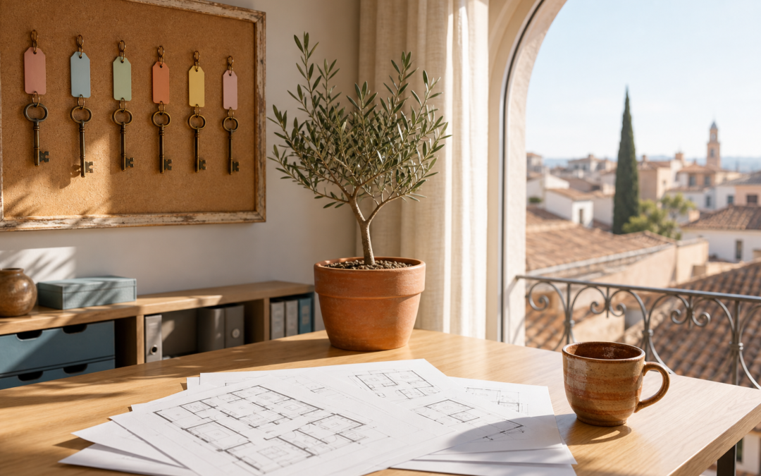OCR contratos inmobiliaria - rincón de oficina inmobiliaria española con planos y llaves