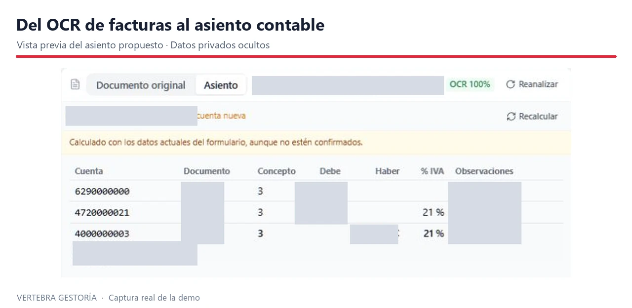 Vista del asiento contable propuesto tras escanear una factura, con datos privados ocultos