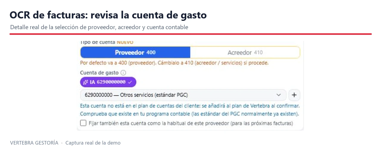 Selección de la cuenta de gasto para una factura leída por OCR en Vertebra Gestoría