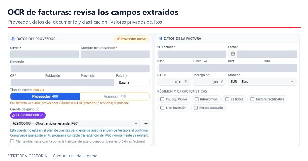 Campos extraídos por OCR de una factura en Vertebra Gestoría, con identificadores ocultos