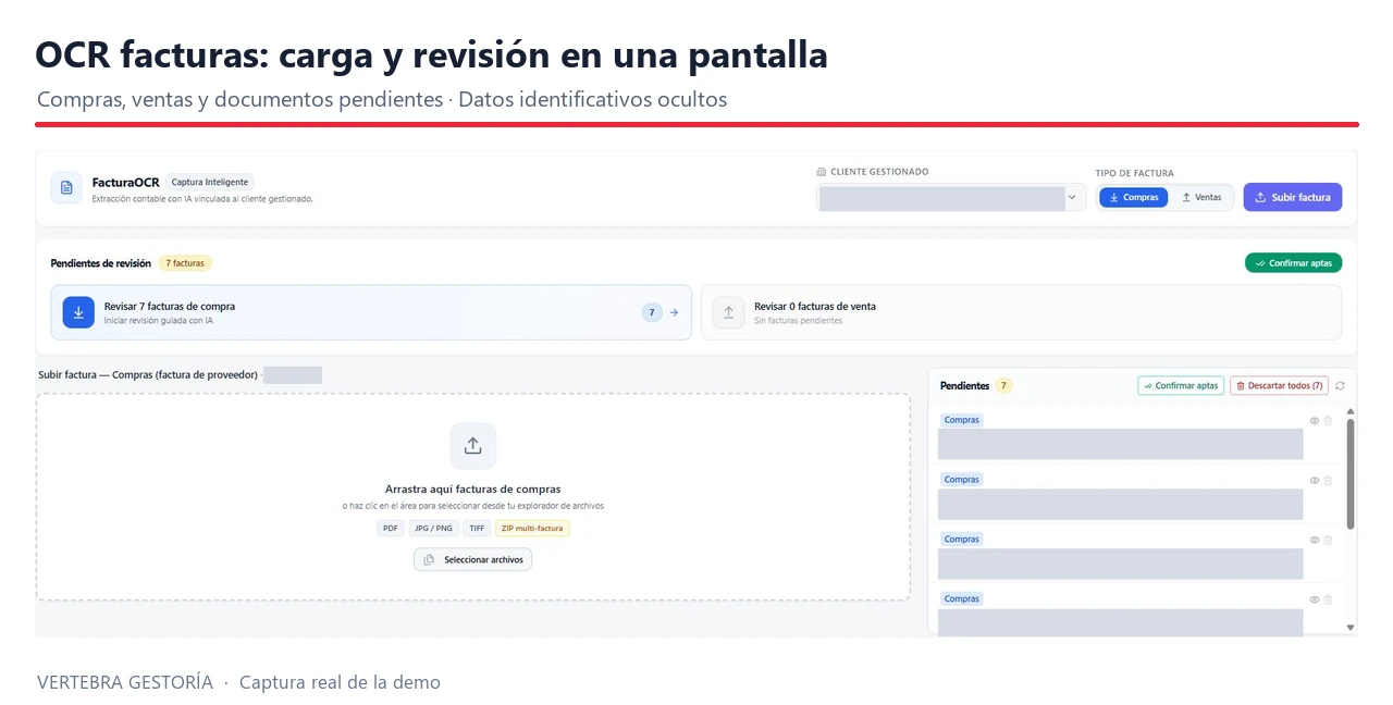Carga de facturas y cola de revisión en Vertebra Gestoría, con datos identificativos ocultos