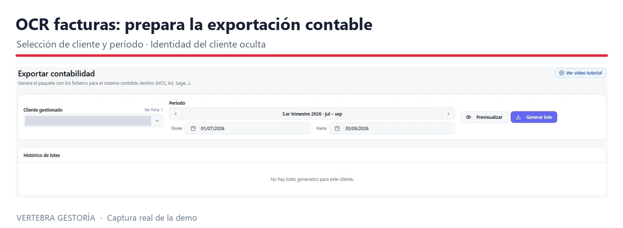 Preparación de la exportación contable de facturas escaneadas por cliente y período