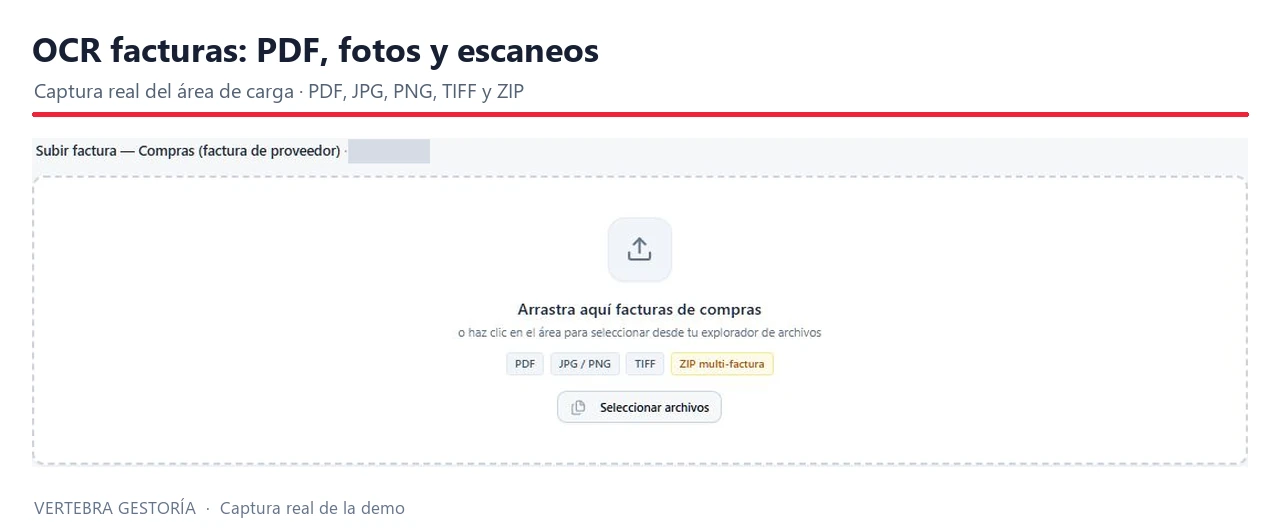 Escanear facturas para contabilizar: carga de PDF, fotos y escaneos en Vertebra Gestoría