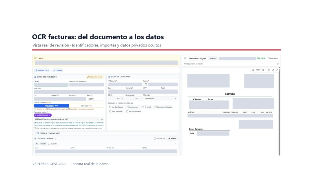 Captura del OCR de facturas de Vertebra con el documento original y los campos extraídos; datos sensibles ocultos.