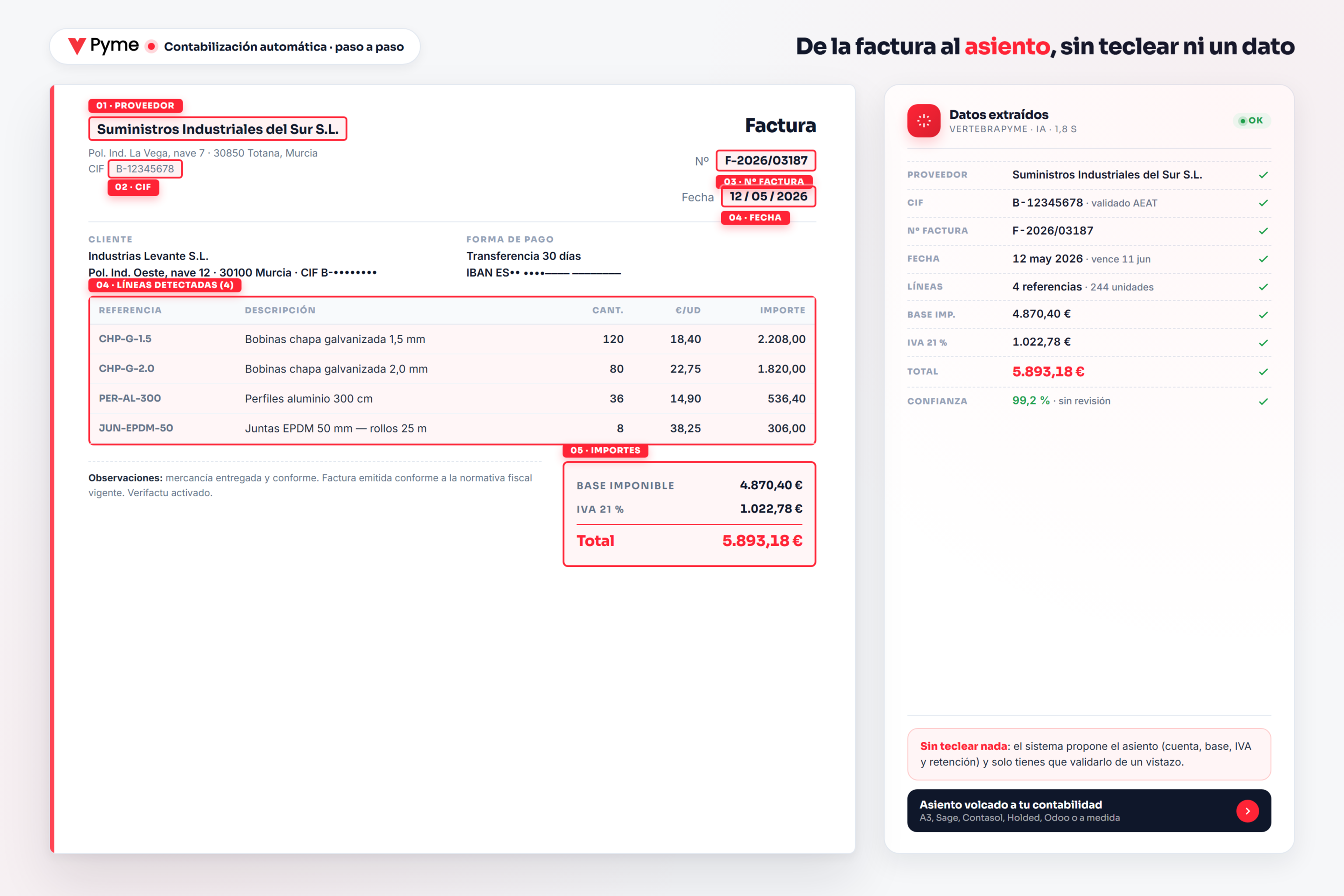 como contabilizar facturas automaticamente - factura leida por OCR con IA y panel de datos extraidos para generar el asiento