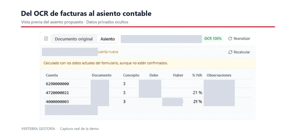 OCR contable de Vertebra: vista previa del asiento para revisar cuentas, debe y haber, con datos privados ocultos.