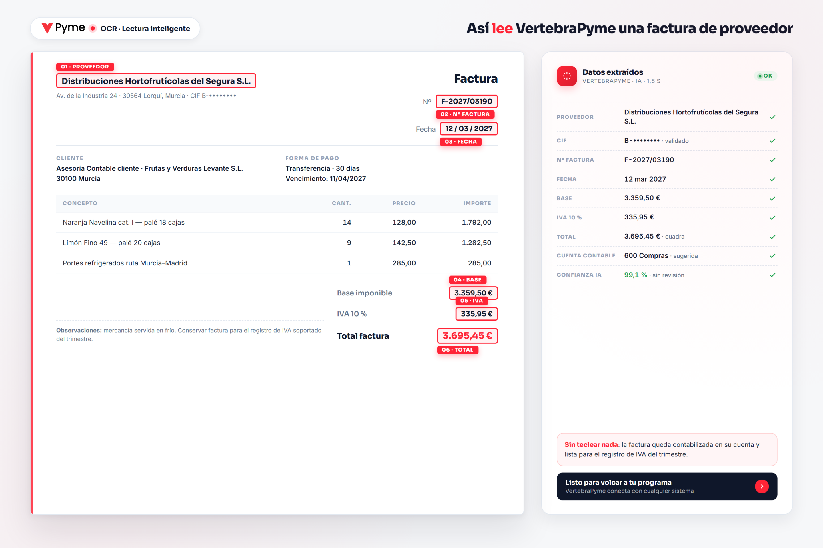 OCR para asesorías — factura de proveedor leída con IA con los datos extraídos y validados