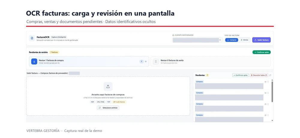 OCR para asesorías de Vertebra: carga de documentos y cola de revisión para una prueba de implantación, con datos ocultos.
