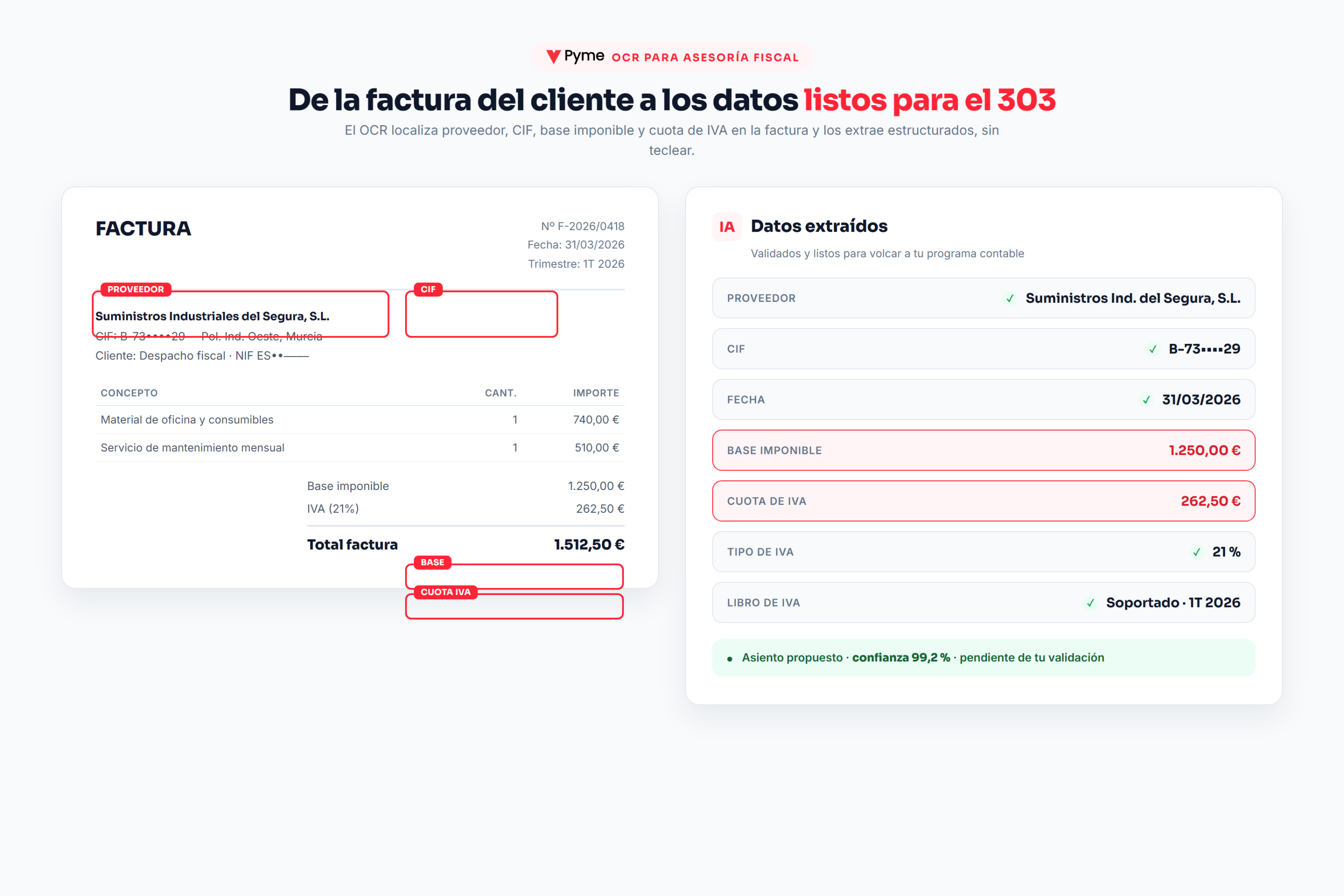 software para asesoria fiscal - factura leida por OCR con cuadros de deteccion y panel de base imponible y cuota de IVA extraidas