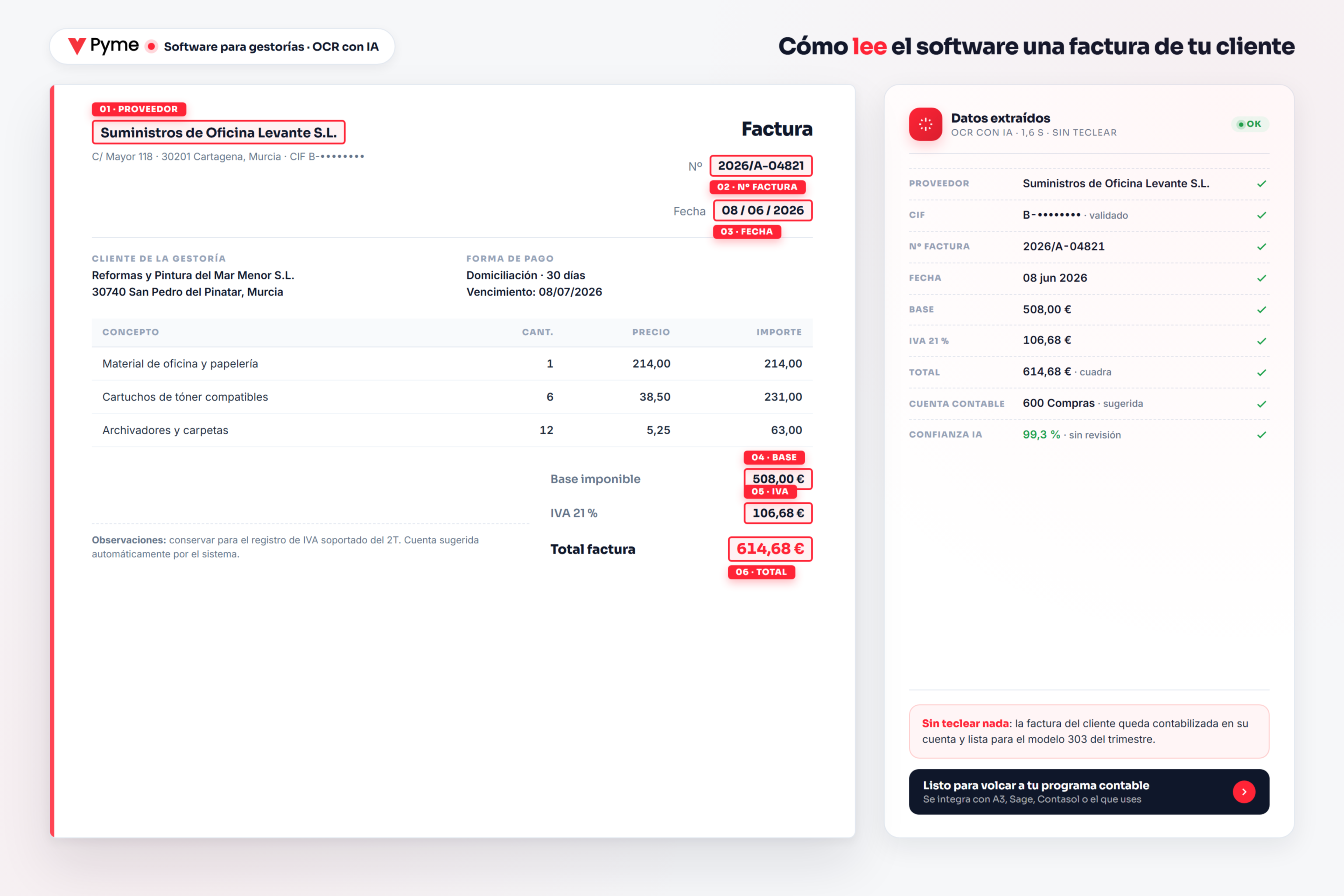 Software para gestorías leyendo una factura con OCR: cuadros de detección y panel de datos extraídos