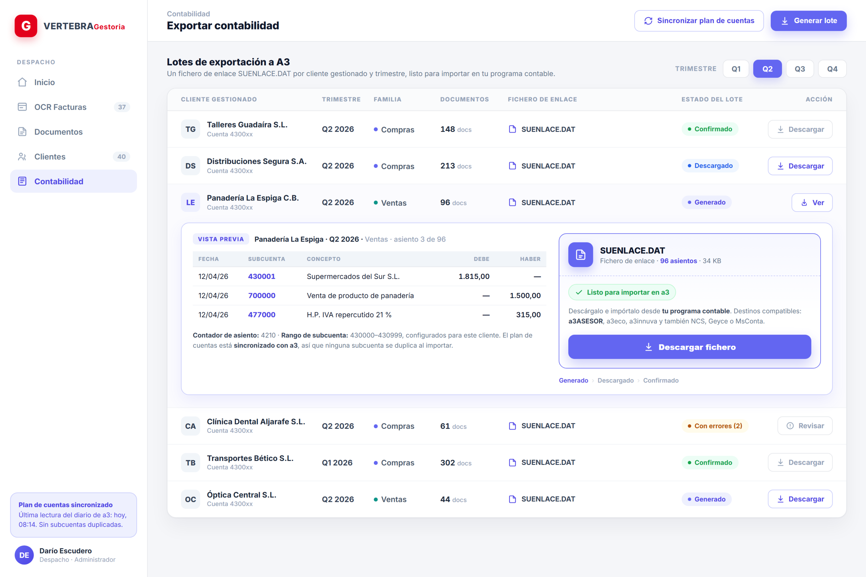 Pantalla Exportar contabilidad de VertebraGestoria para automatizar la contabilidad de A3: lotes por cliente gestionado y trimestre con el fichero de enlace SUENLACE.DAT listo para importar
