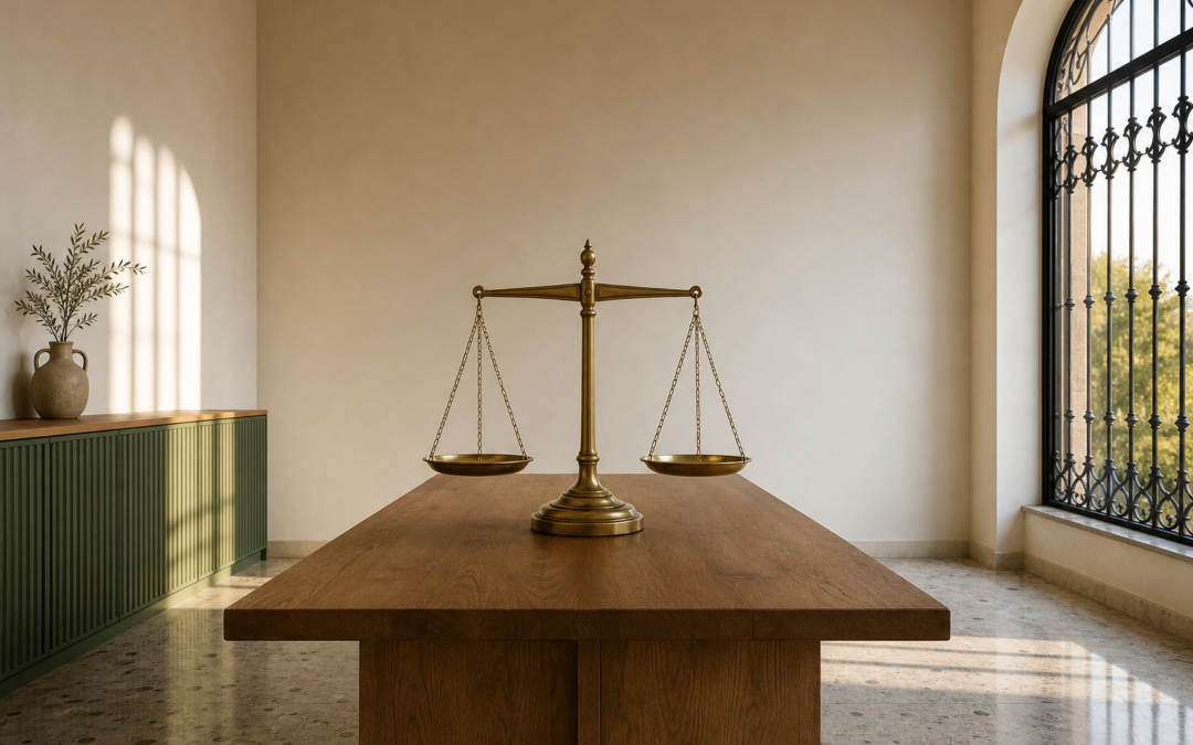 Conciliación bancaria paso a paso: balanza de latón equilibrada sobre mesa de roble en un despacho contable con luz de tarde