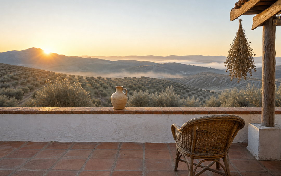 Cuaderno de campo digital en Andalucía: terraza de cortijo andaluz al amanecer con olivar y sierra al fondo