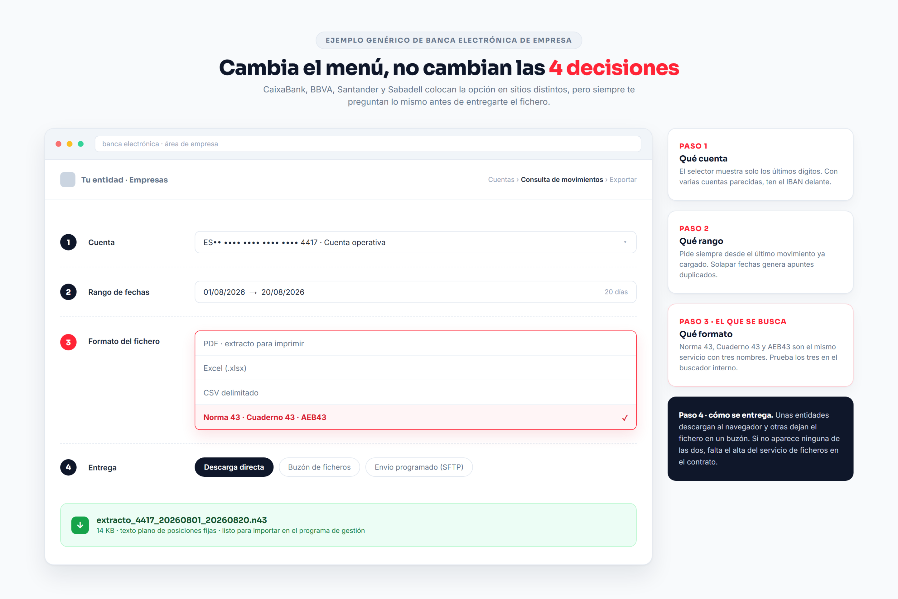 Descargar extracto norma 43: pantalla de banca electrónica de empresa con el selector de formato AEB43 marcado