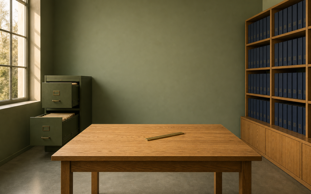 documentación y registros ISO 9001: sala de archivo de una empresa con archivador metálico y estantería de carpetas ordenadas