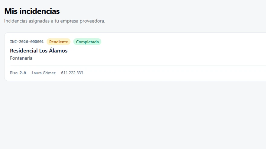 Portal del proveedor gremial con la lista de incidencias asignadas a su empresa