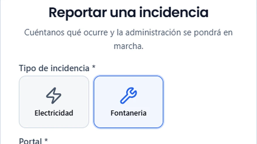 Formulario que ve el vecino al escanear el QR de su portal: tipo de incidencia, sin registro previo