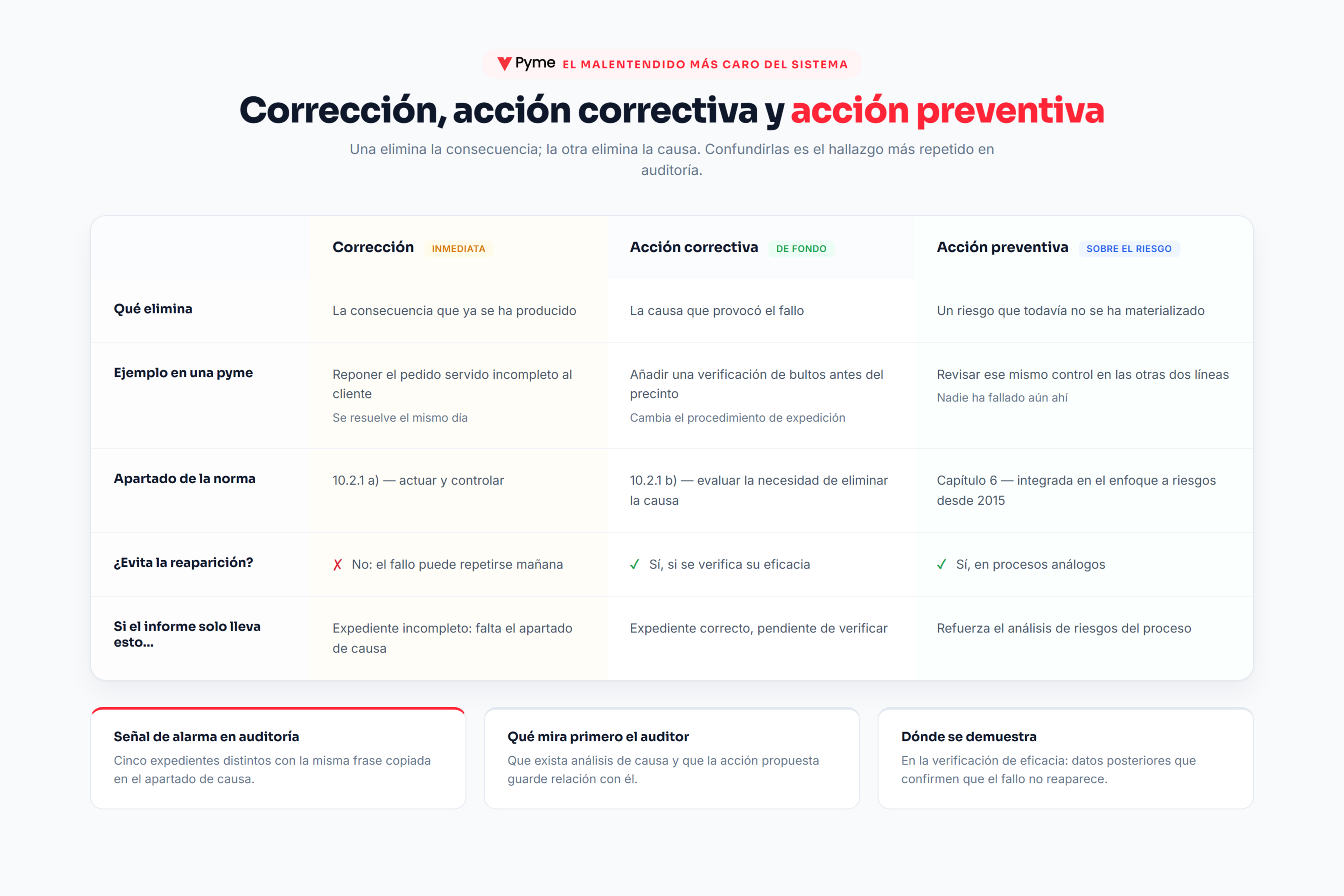 Correccion, accion correctiva y accion preventiva comparadas segun el apartado 10.2 de la norma