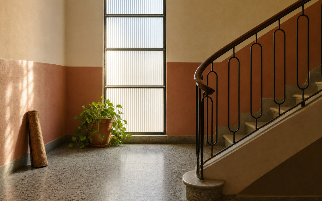 Descansillo de un edificio español con escalera de terrazo y barandilla de hierro