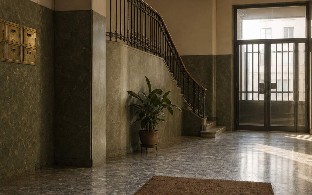 Responsabilidad del administrador de fincas: portal de un edificio residencial espanol con buzones y escalera