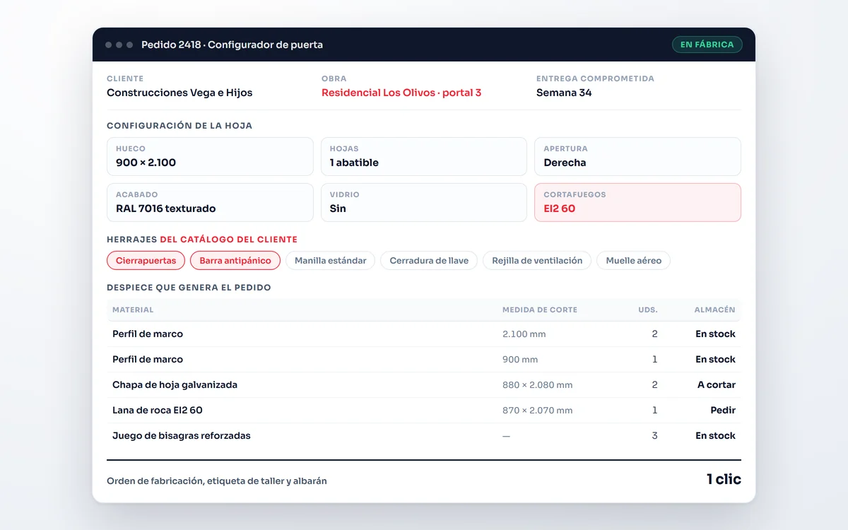 Software a medida para empresas: pantalla de configuración de un pedido en una fábrica de puertas, con medidas, herrajes, acabado y el despiece de materiales calculado