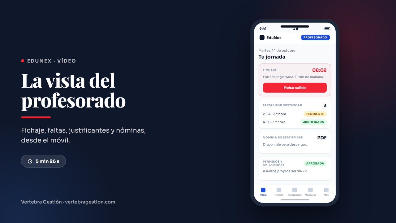 Portada del vídeo: pantalla del profesorado en el software de gestión escolar para colegios, con el fichaje, las faltas por justificar y la nómina