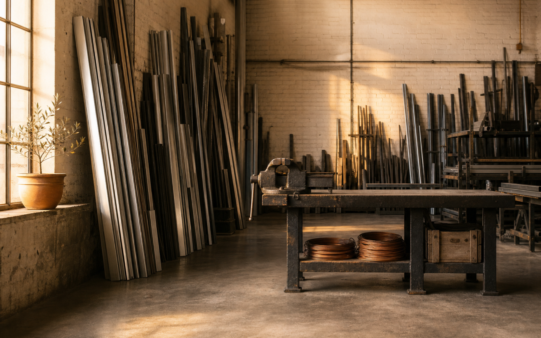 software para carpintería metálica: taller metálico con barras de perfil de aluminio y banco de trabajo a la luz de la tarde