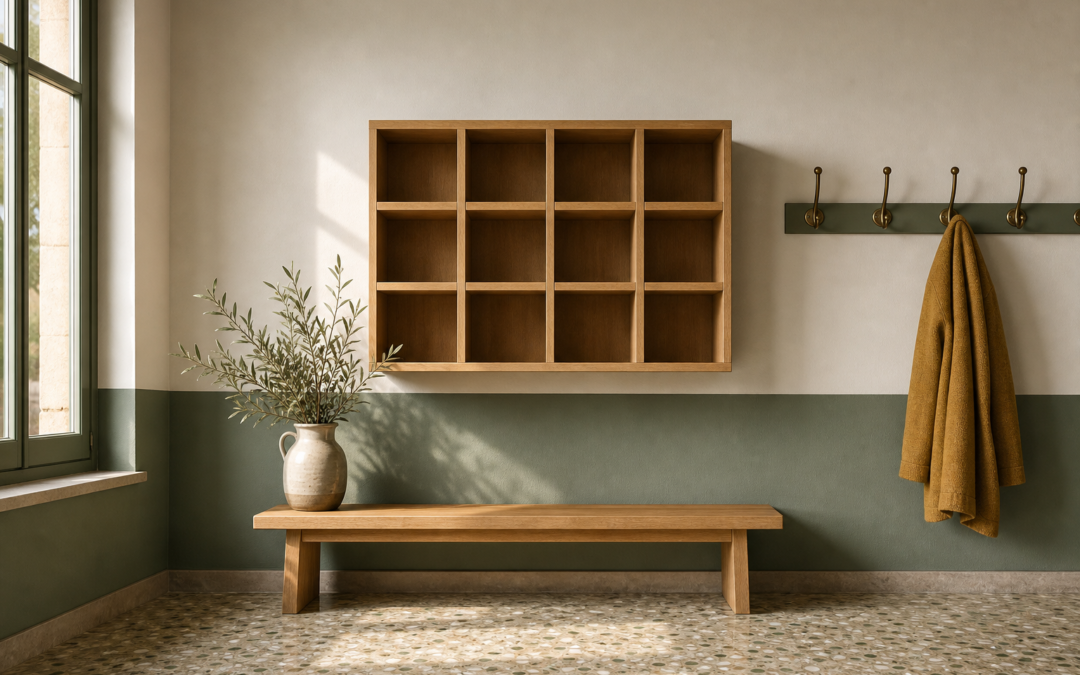 comparativa software RRHH: taquillero de madera vacío y perchero en la entrada de personal de una pyme