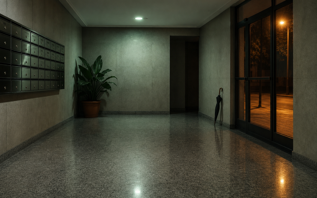 Incidencias urgentes fuera de horario: portal de un edificio de vecinos vacío de madrugada con los buzones y la luz de emergencia encendida