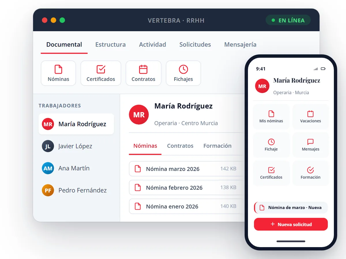 Plataforma de RRHH para pymes: aplicación de escritorio de Vertebra RRHH y portal del empleado en el móvil