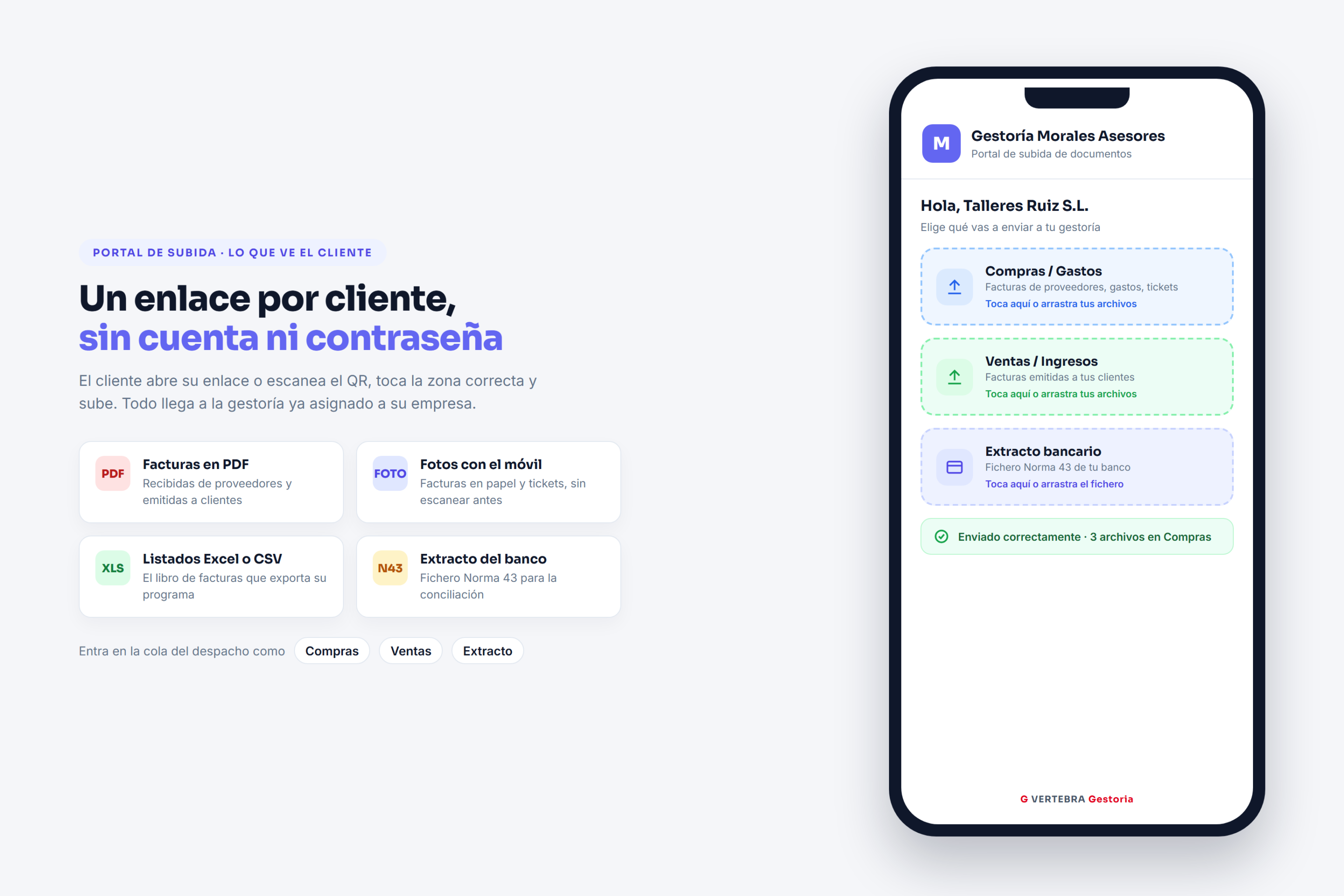 Pantalla móvil del portal de subida de una gestoría con zonas de compras, ventas y extracto bancario