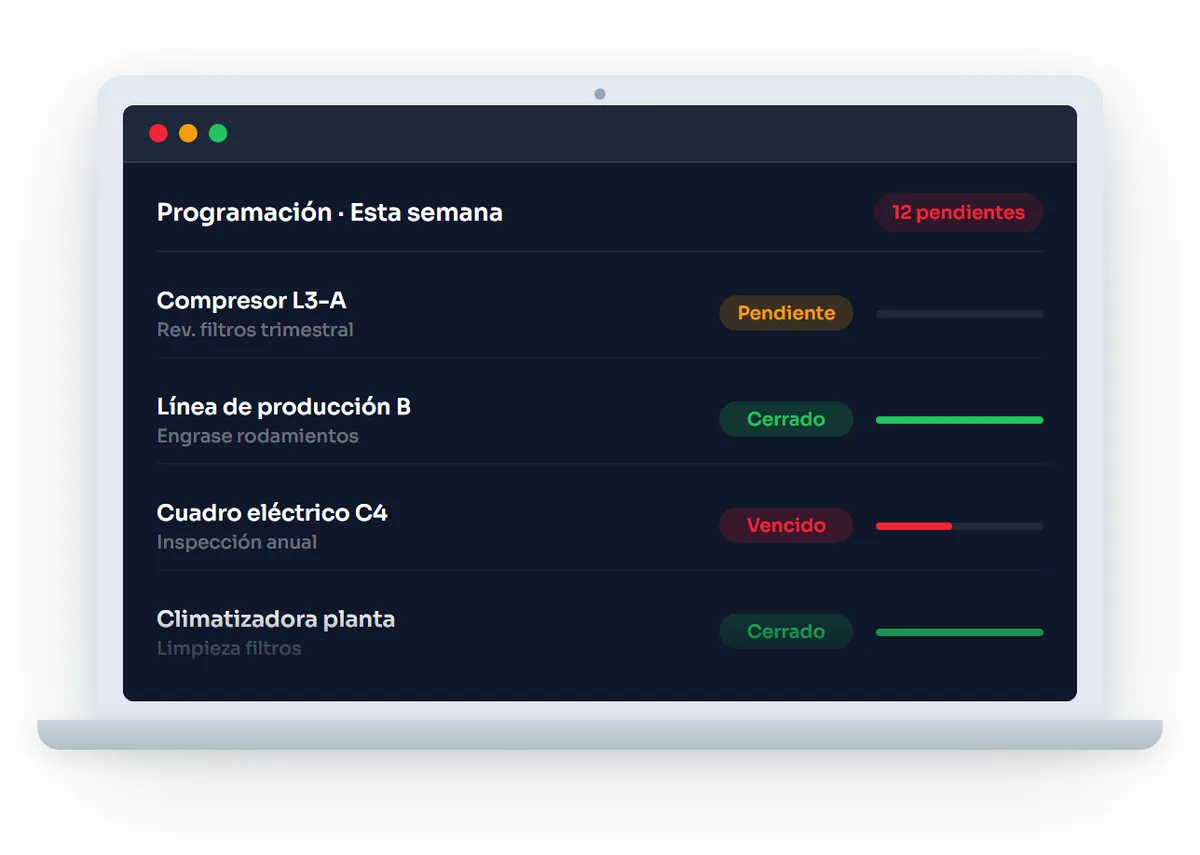 Software GMAO: programación semanal del mantenimiento preventivo con el estado de cada revisión
