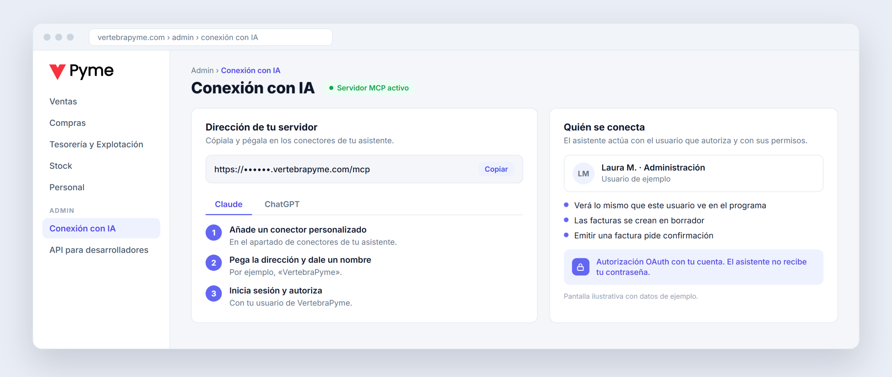 Pantalla Conexión con IA de VertebraPyme con la dirección del servidor MCP, los pasos para Claude y el usuario que autoriza