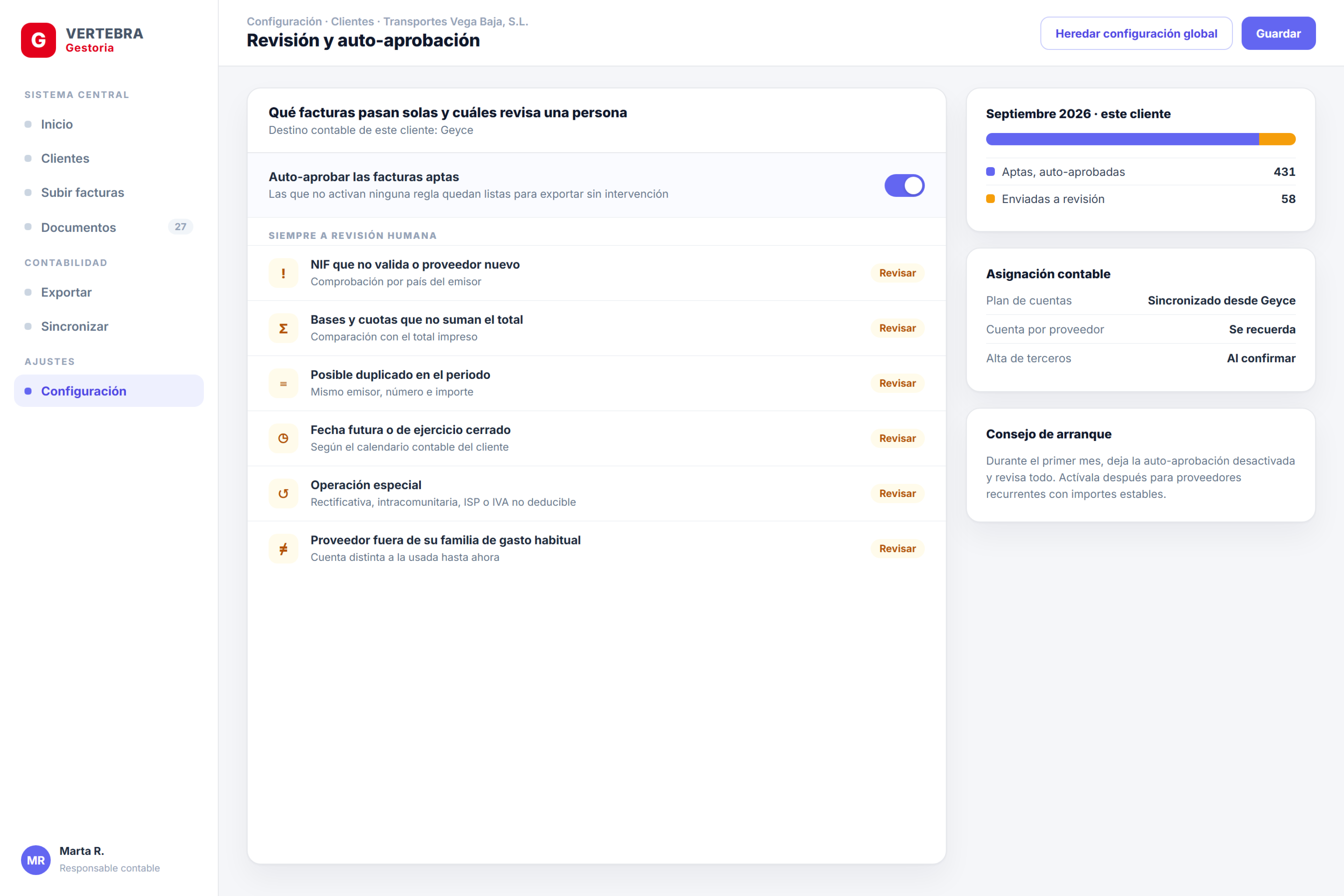 Configuración de revisión y auto-aprobación de facturas por cliente con destino contable Geyce