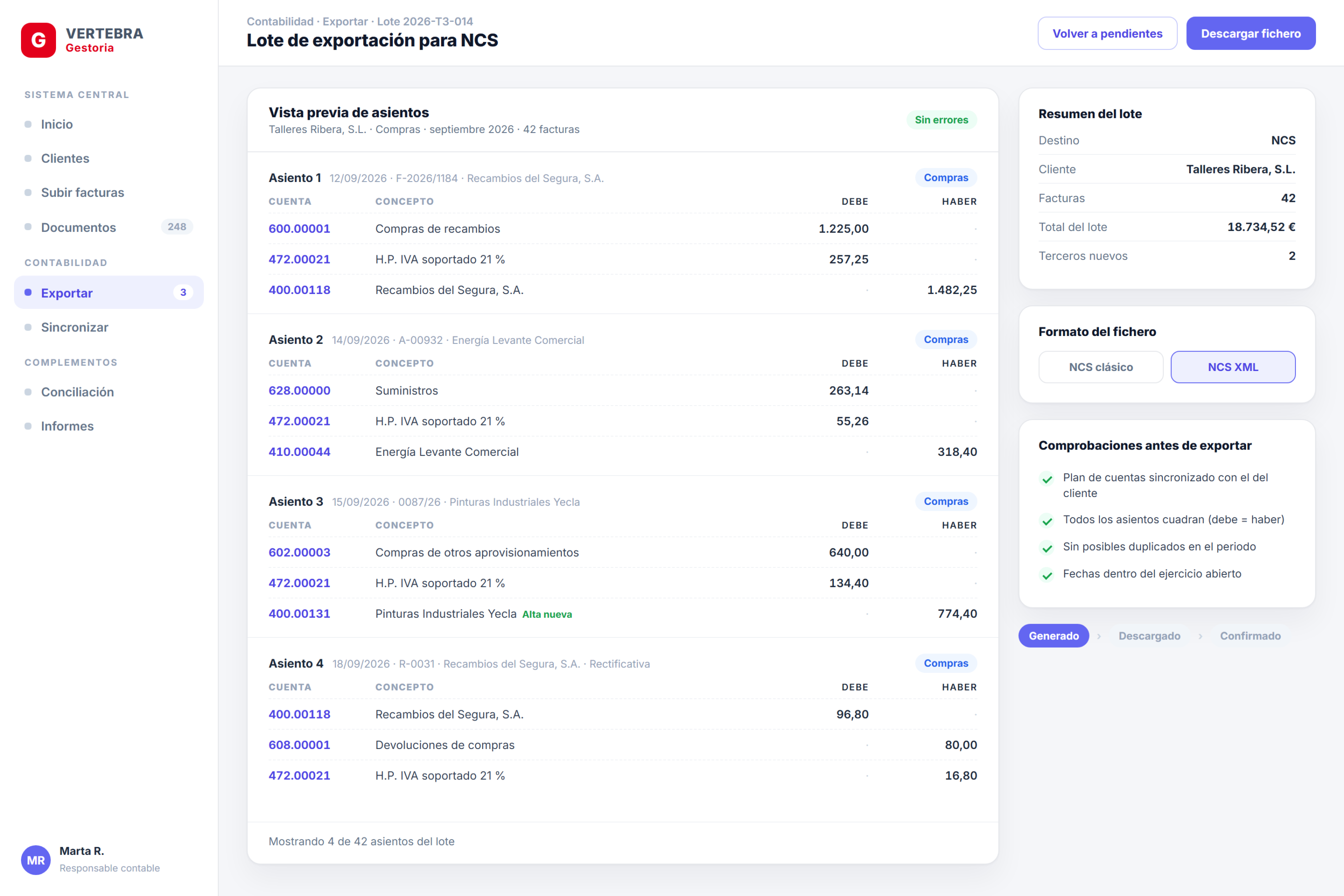 Lote de exportación para NCS en VertebraGestoria con vista previa de asientos, formato de fichero y comprobaciones previas