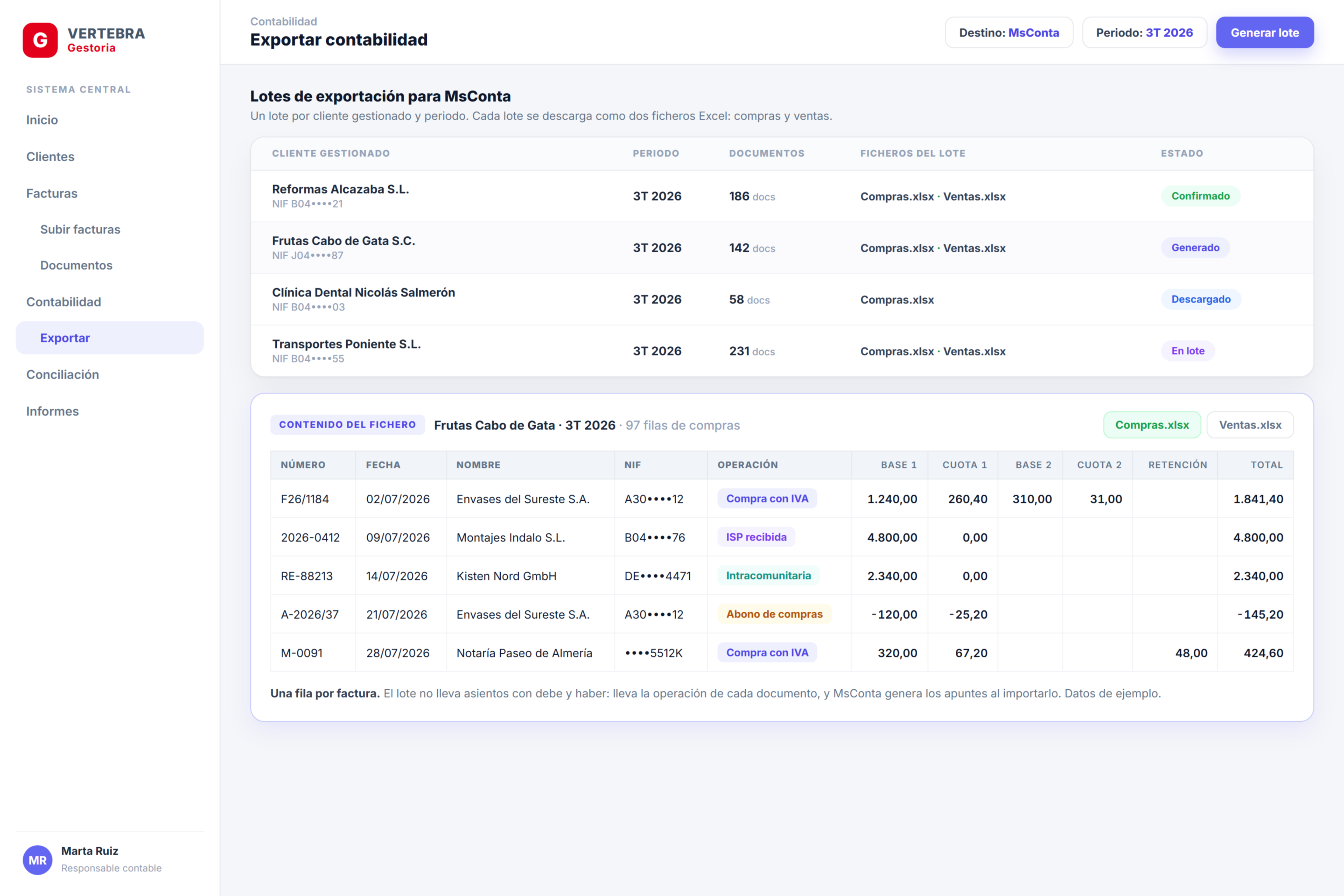 Pantalla Exportar contabilidad de VertebraGestoria con lotes por cliente y el fichero de compras con una fila por factura