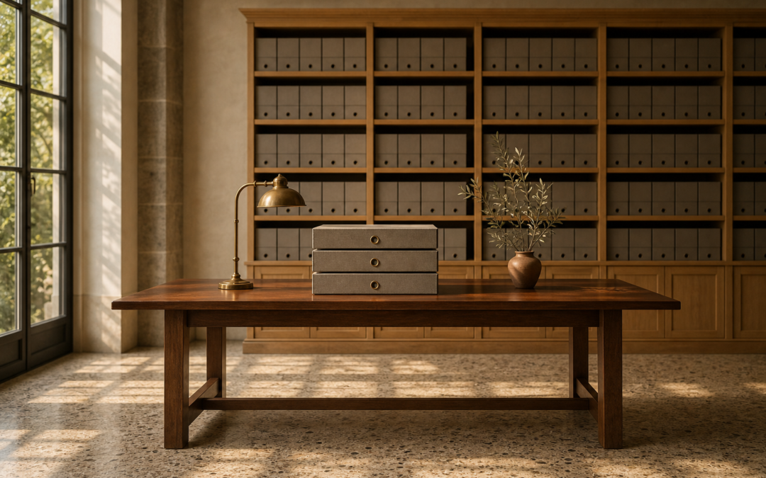 Digitalización certificada de facturas: sala de archivo ordenada con cajas cerradas sobre una mesa de nogal