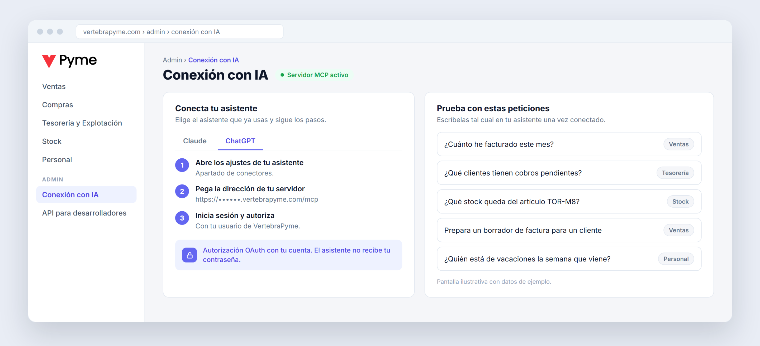 Pantalla Conexión con IA de VertebraPyme con los pasos para conectar ChatGPT o Claude y peticiones de ejemplo