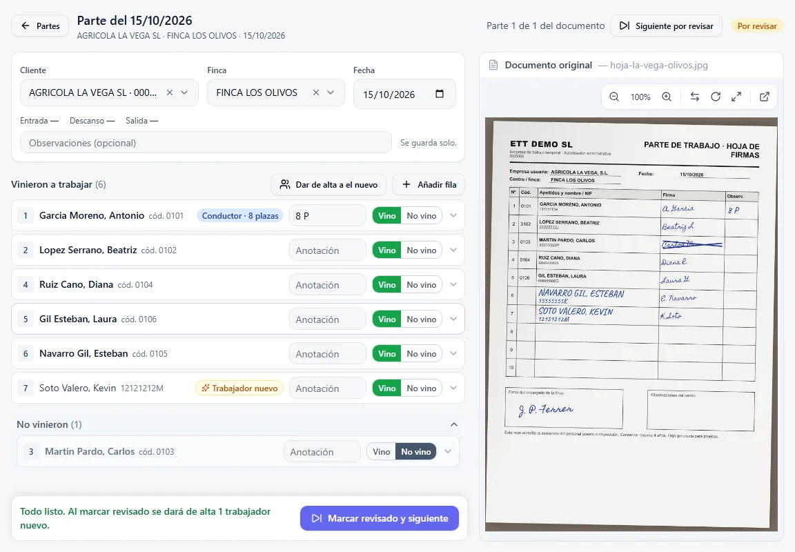 Software para ETT Vertebra ETT: hoja de firmas leída con IA, con cada trabajador marcado como vino o no vino junto a la hoja original