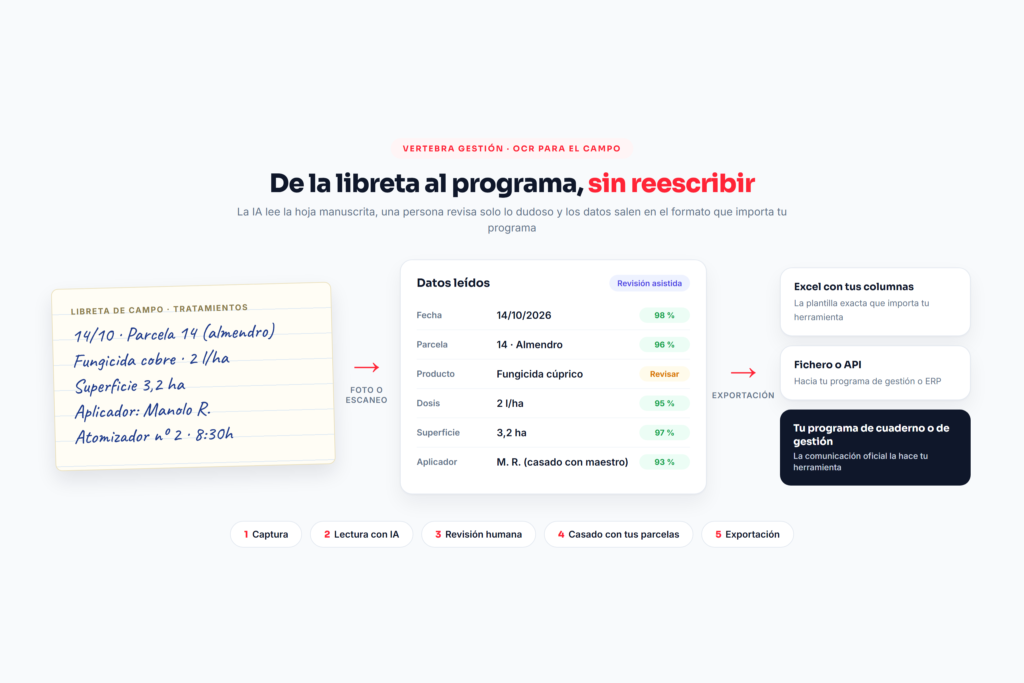 Programa informático para agricultura alimentado por OCR: libreta de campo manuscrita, datos leídos con confianza y exportación a Excel o API