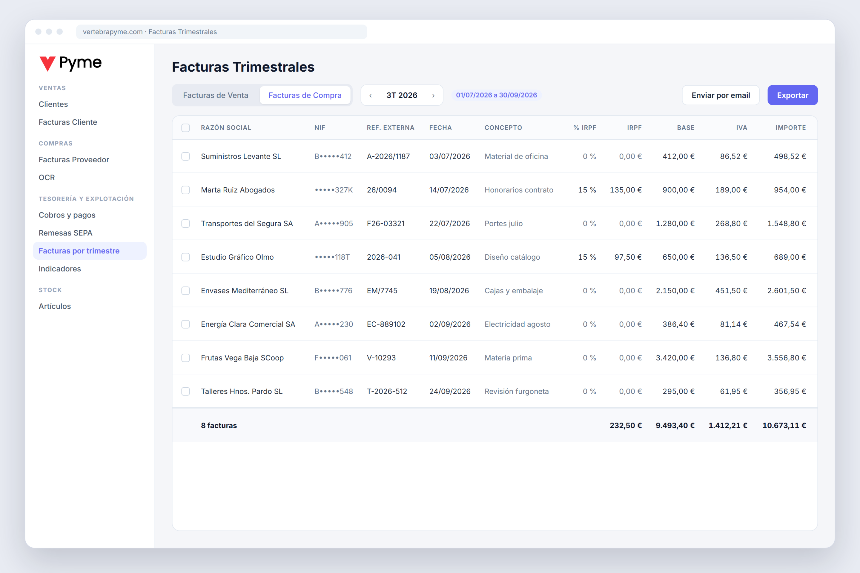 Software de impuestos para pymes: pantalla Facturas Trimestrales de VertebraPyme con base, IVA e IRPF de las compras del trimestre